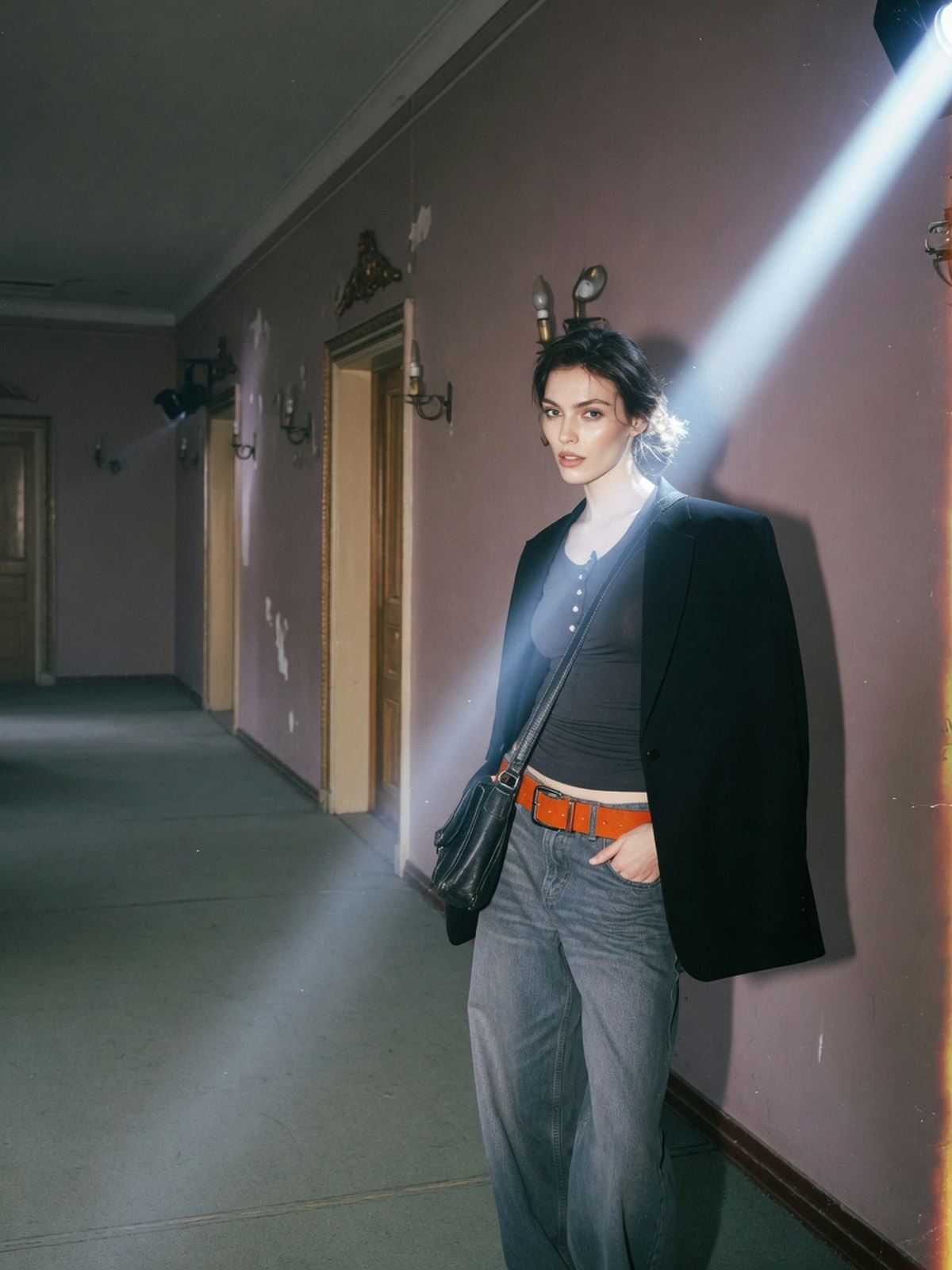 Mannequin en baggy taille basse, haut ajusté rentré, ceinture large et blazer structuré porté sur l'épaule.