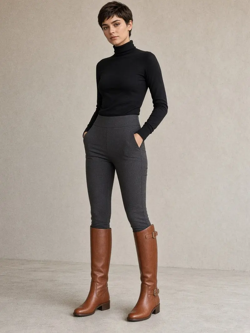 Illustration, mannequin fictif : Jambes d'une femme en pantalon fuseau gris rentré dans des bottes cavalières en cuir cognac à talon plat et bout rond.