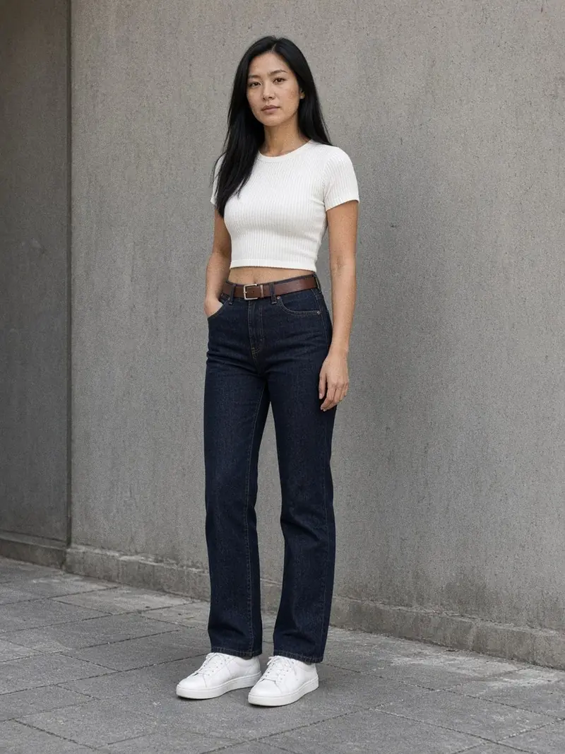 Illustration, mannequin fictif : Femme en crop top blanc côtelé à col rond, jean droit brut taille haute, ceinture fine en cuir marron et baskets blanches.