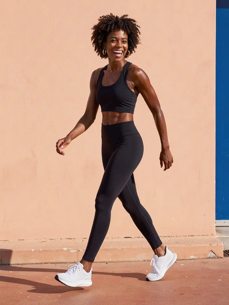 Illustration, mannequin fictif : Femme en crop top de sport noir, legging gainant taille haute et baskets blanches