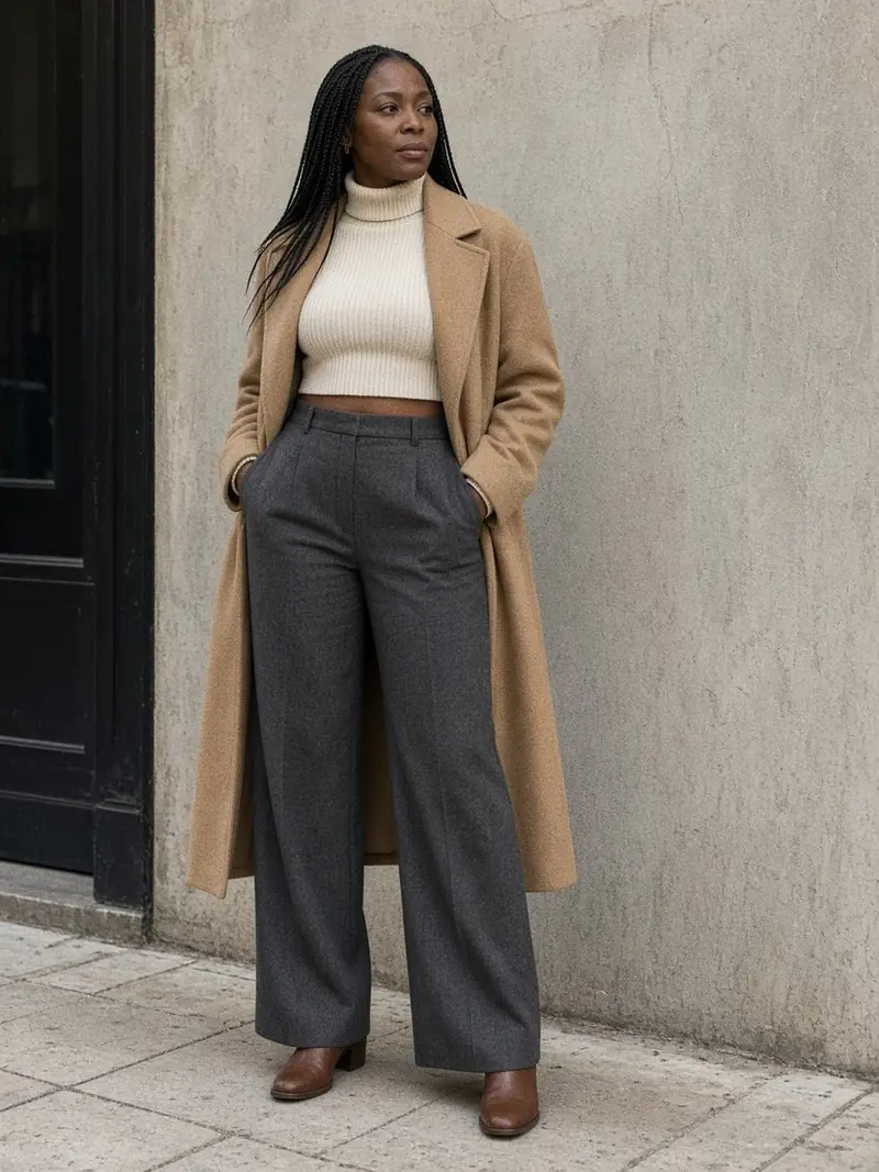 Illustration, mannequin fictif : Femme en pull court crème à col roulé, pantalon large gris en laine taille haute, long manteau camel ouvert et bottines marron.