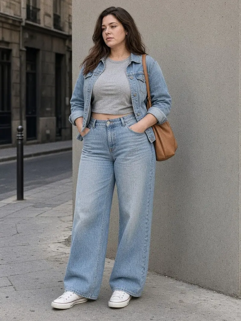 Illustration, mannequin fictif : Femme en t-shirt court gris chiné, jean large délavé taille haute, veste en jean ouverte, baskets blanches et sac en cuir porté à l'épaule.