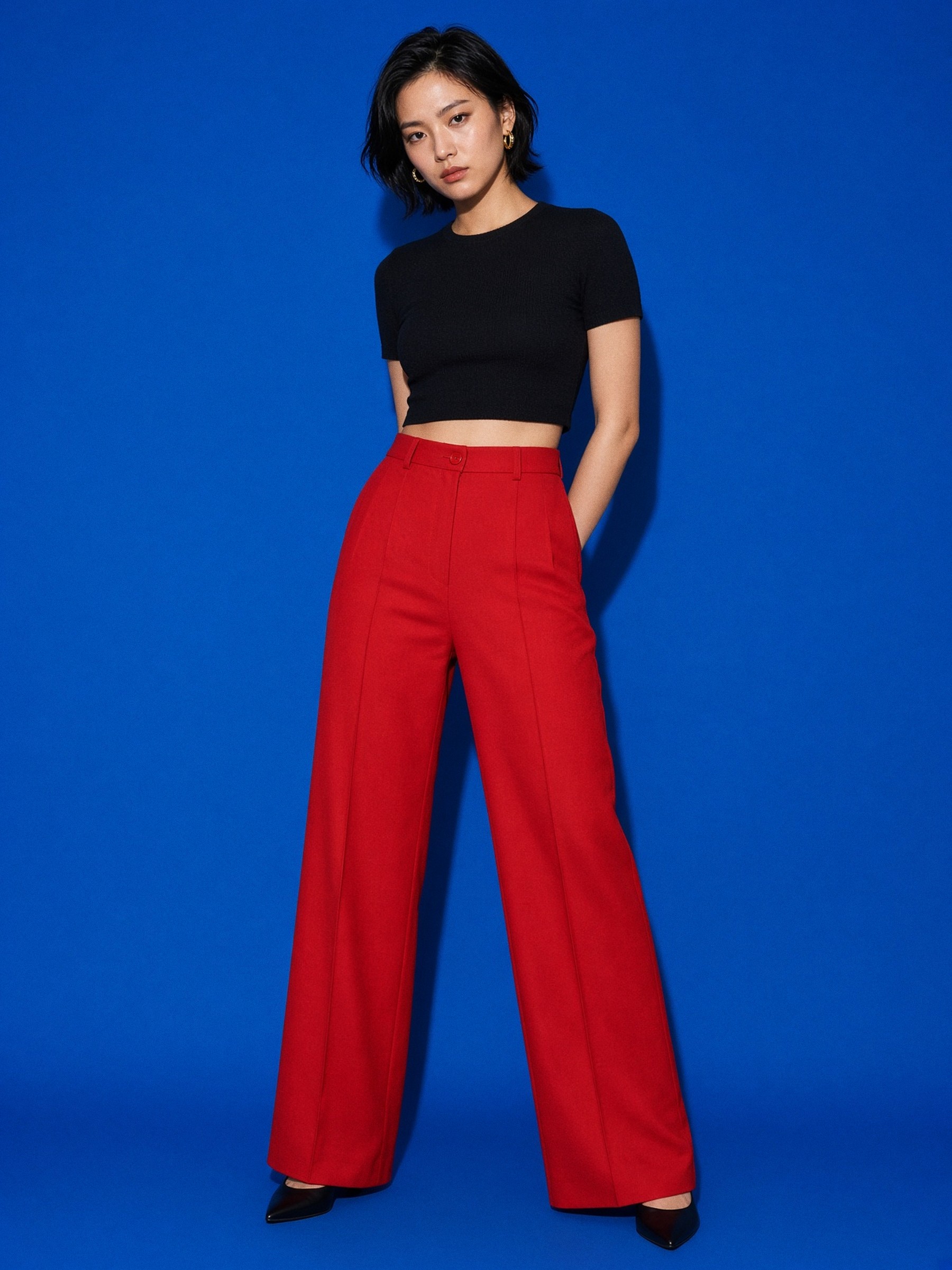 Mannequin en pied dans un couloir d'hôtel, crop top en maille noire, pantalon large taille haute rouge et escarpins, flash direct