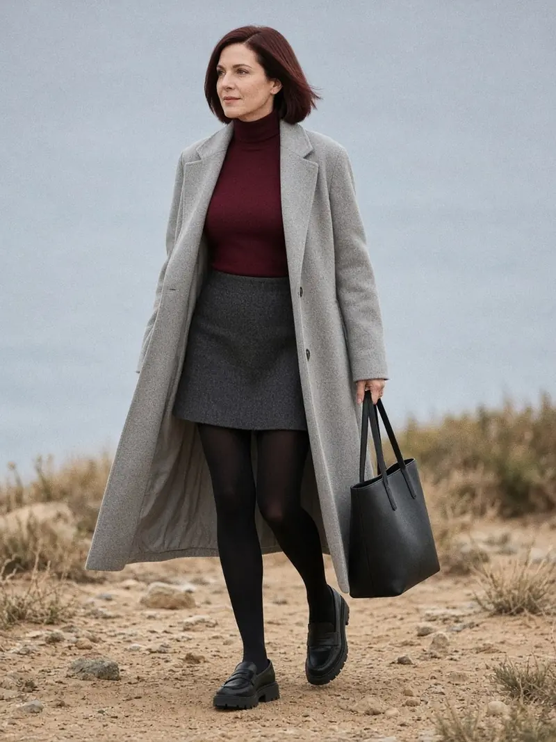 Illustration, mannequin fictif : Femme en mini jupe trapèze anthracite, col roulé bordeaux, collants noirs, mocassins épais et long manteau gris