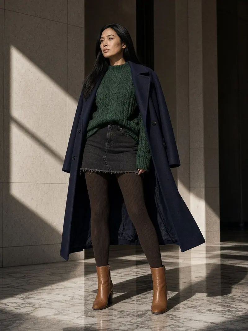 Illustration, mannequin fictif : Femme en mini jupe en jean brut, gros pull torsadé vert sapin, collants côtelés chocolat, bottines plates et caban marine