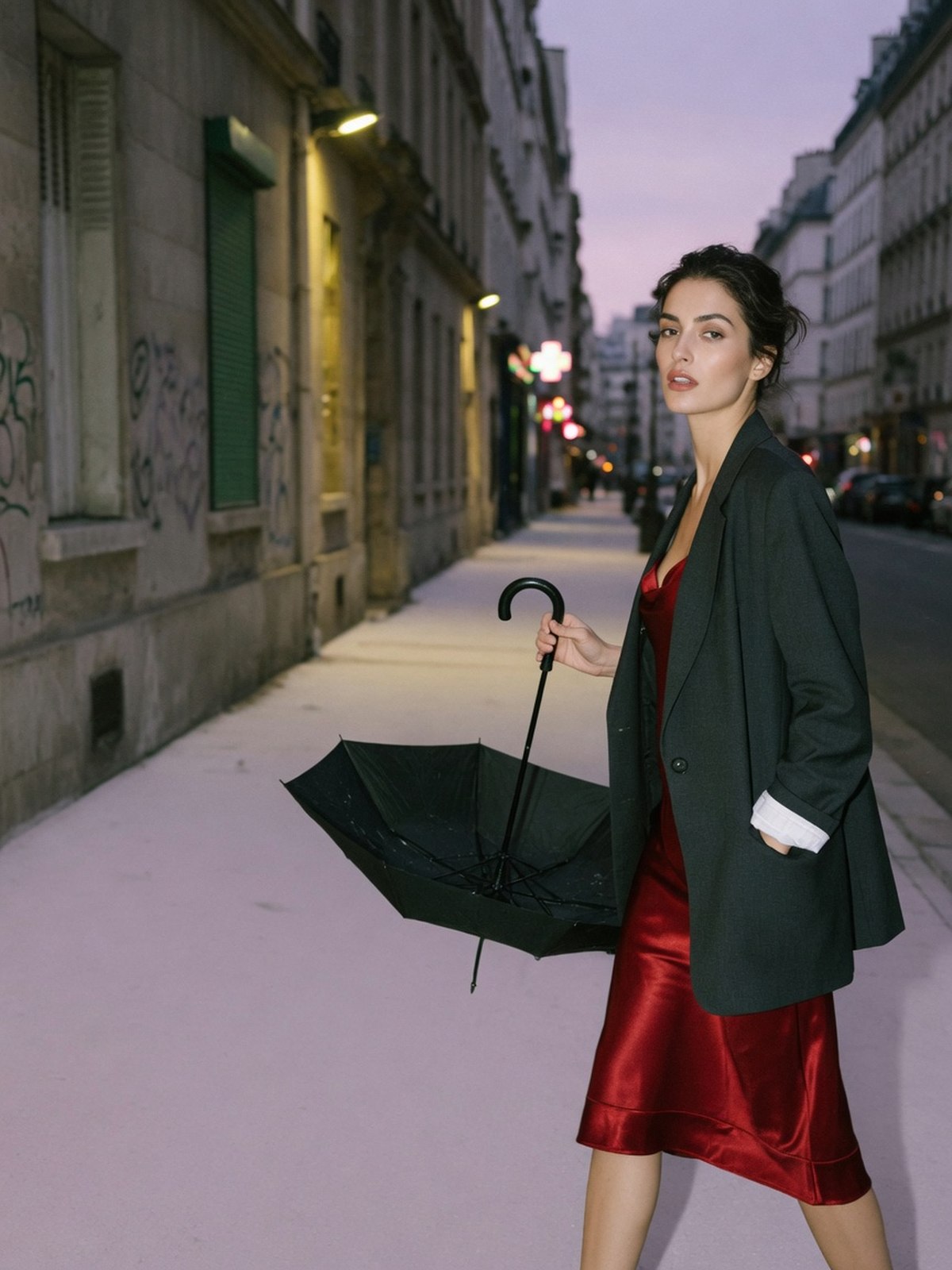 Femme portant une nuisette en satin superposée sous un blazer ouvert dans la rue au crépuscule.