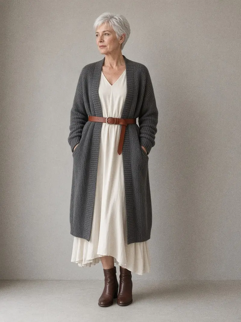 Illustration, mannequin fictif : Femme en robe midi fluide ivoire sous un long gilet en maille anthracite ouvert, ceinturé d'une lanière de cuir rouille, avec des bottines marron.