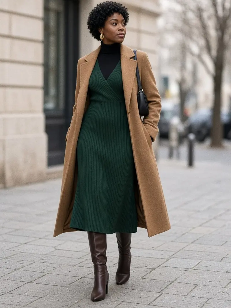 Illustration, mannequin fictif : Femme en col roulé noir fin sous une robe midi en maille vert foncé, manteau camel structuré ouvert et bottes hautes marron.
