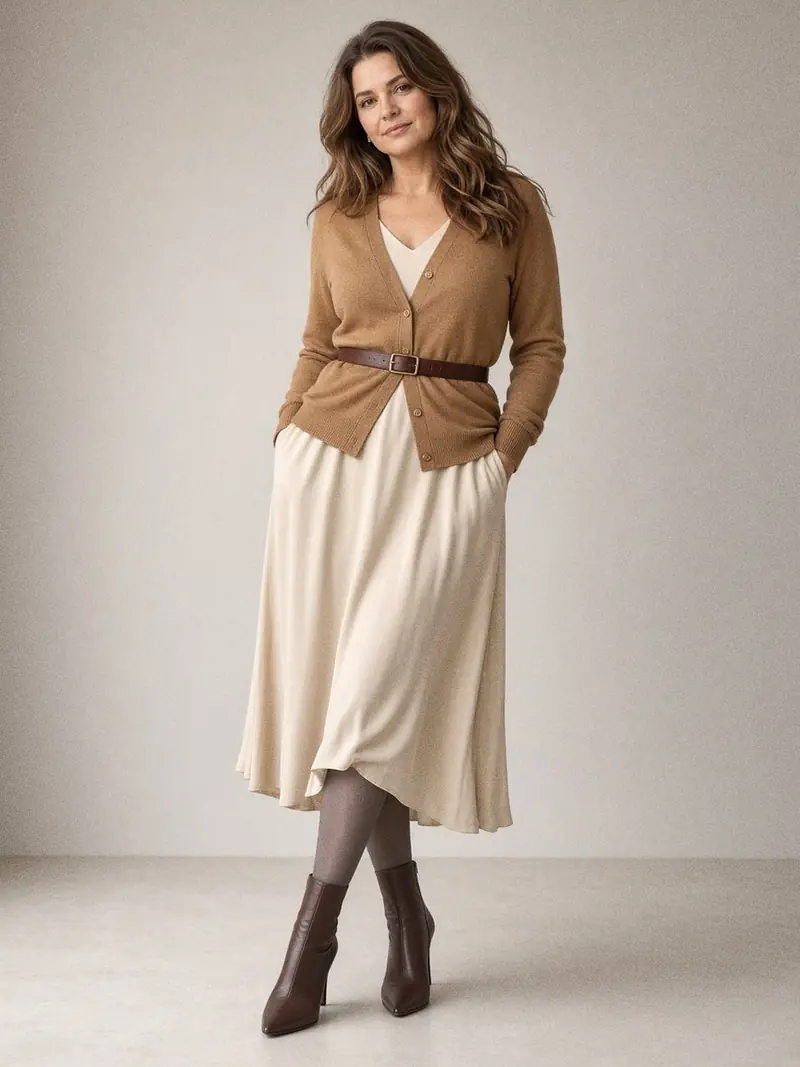 Illustration, mannequin fictif : Femme en robe mi-longue écru fluide portée sous un gilet court camel ceinturé, collant gris et bottines à bout fin.