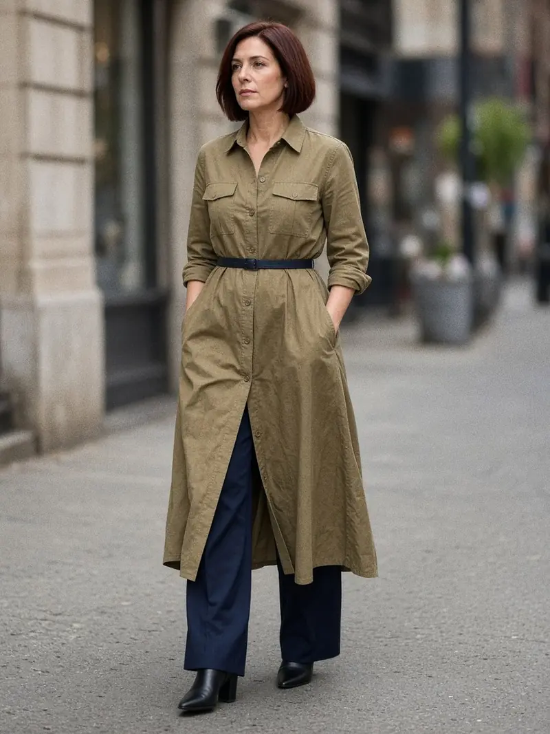 Illustration, mannequin fictif : Femme en robe chemise longue kaki ouverte en bas, portée sur un pantalon fluide marine et des bottines noires à bout fin.