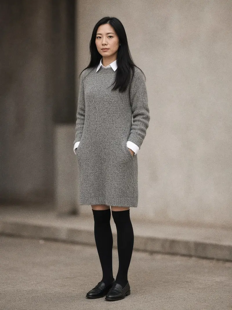 Illustration, mannequin fictif : Femme en robe pull grise portée sur une chemise blanche dont le col et les poignets dépassent, chaussettes montantes noires et mocassins.