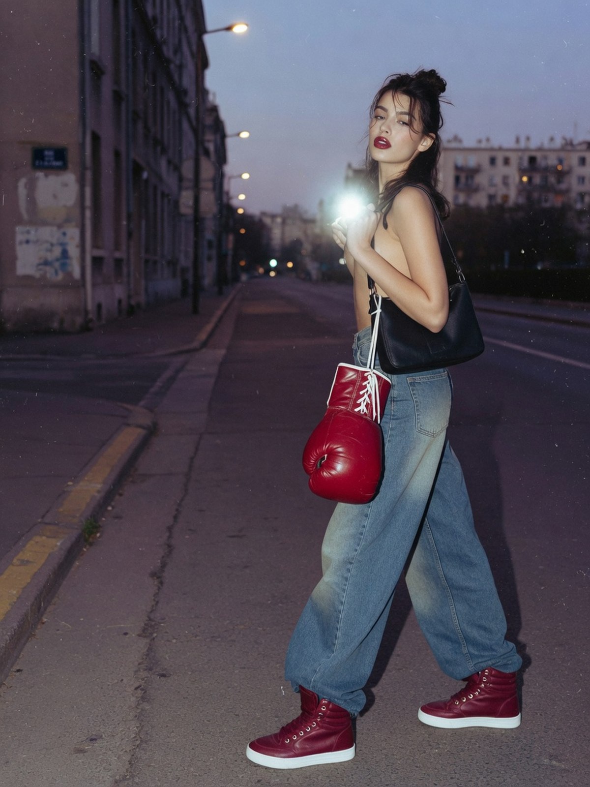 Silhouette avec jean large et sneakers montantes inspirées boxe