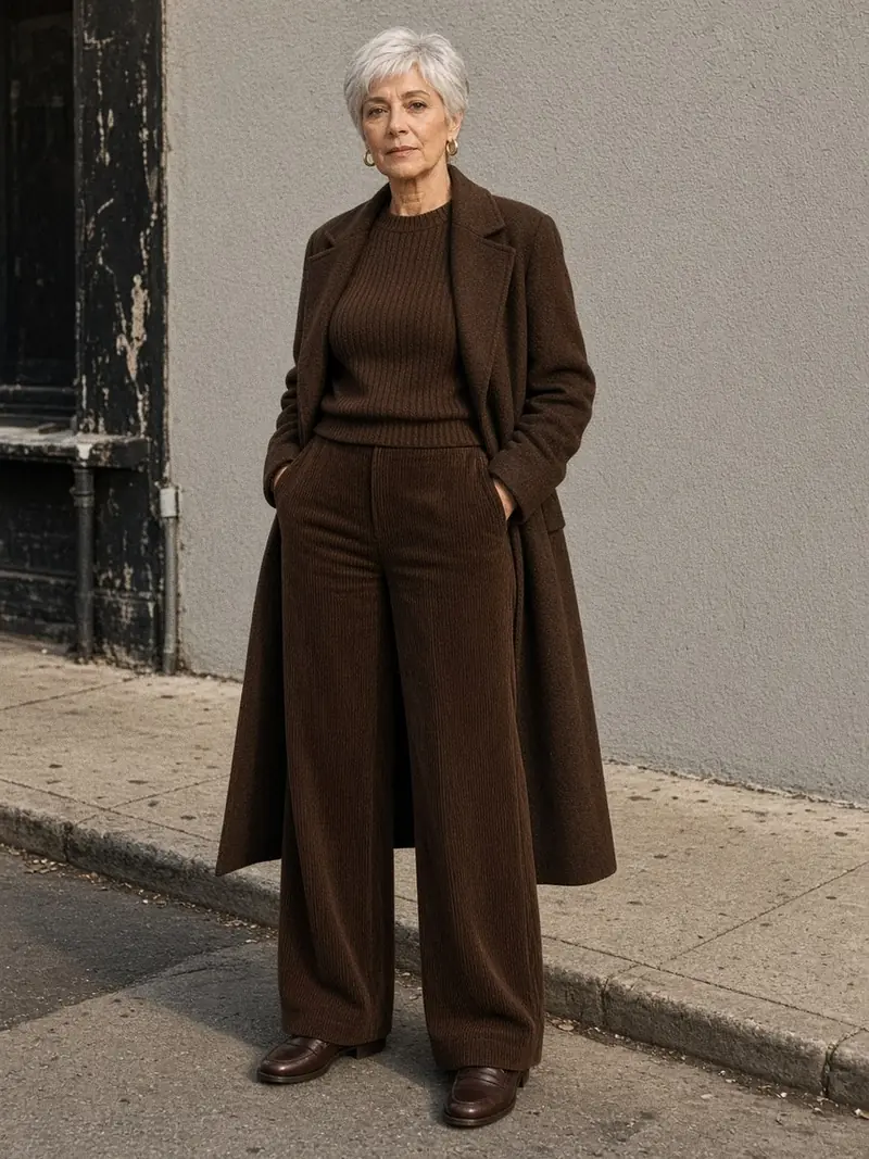 Illustration, mannequin fictif : Femme en pantalon chocolat en velours côtelé, pull en maille chocolat et long manteau de laine marron ouvert, mocassins en cuir brun.
