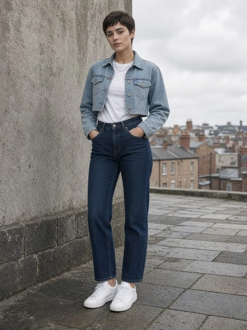 Illustration, mannequin fictif : Femme en blouson en jean bleu clair court, tee-shirt blanc et jean brut indigo coupe droite, baskets blanches.
