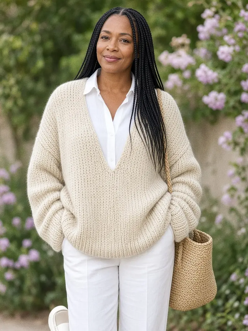 Illustration, mannequin fictif : Détail d'un pull en grosse maille écrue porté sur une chemise en lin blanc au col sorti, pantalon de coton blanc.