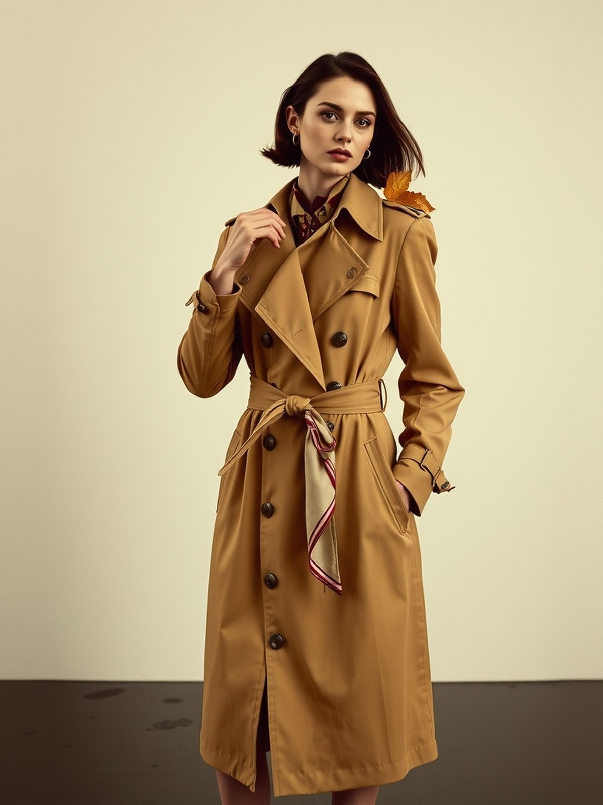 Détail d'un trench beige avec gun flap fermé sur l'épaule et écharpe nouée à l'anneau en D de la ceinture.