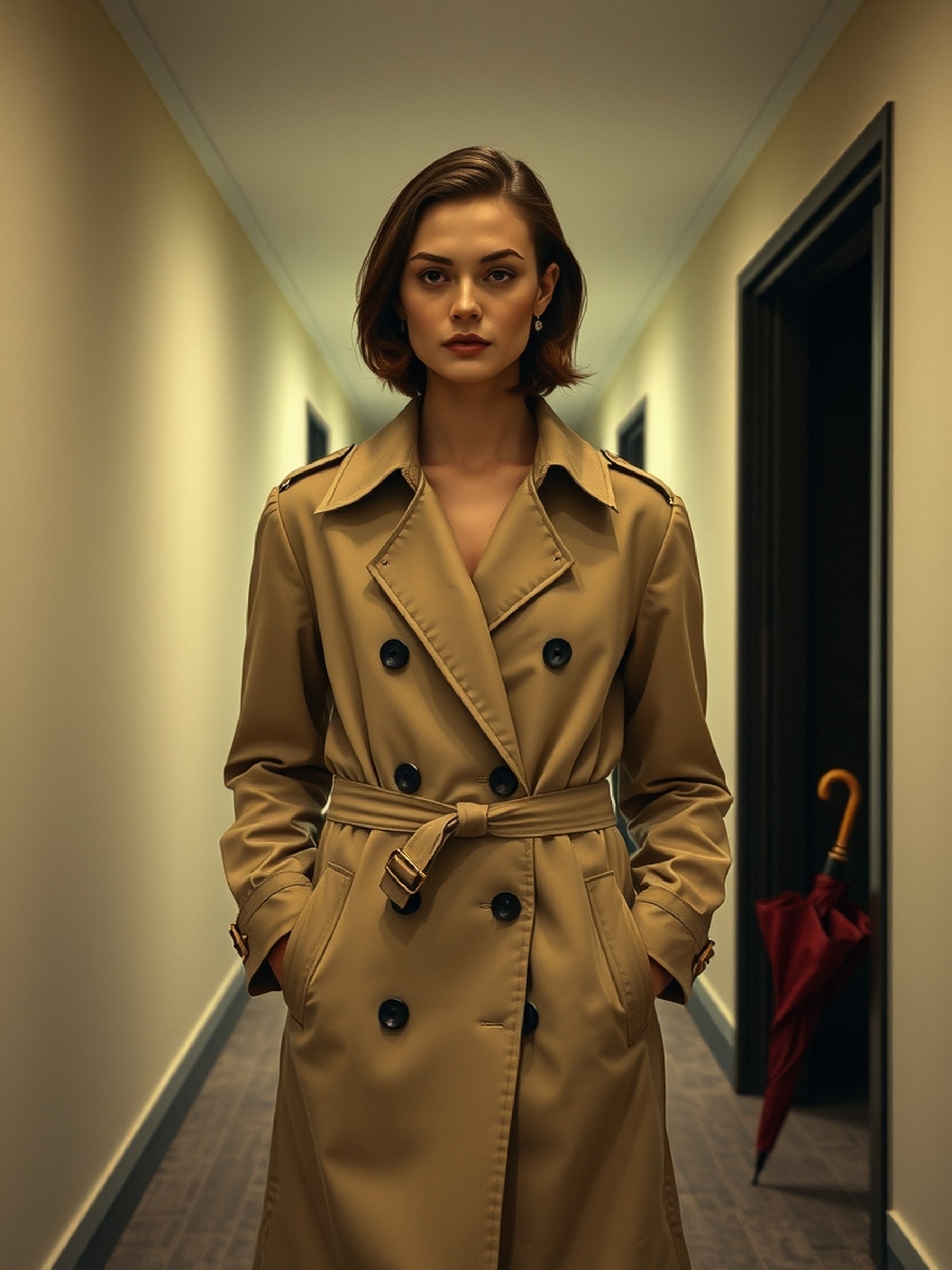 Mannequin portant un trench beige, gun flap fermé sur l'épaule gauche, dans un couloir d'hôtel à la lumière rasante.