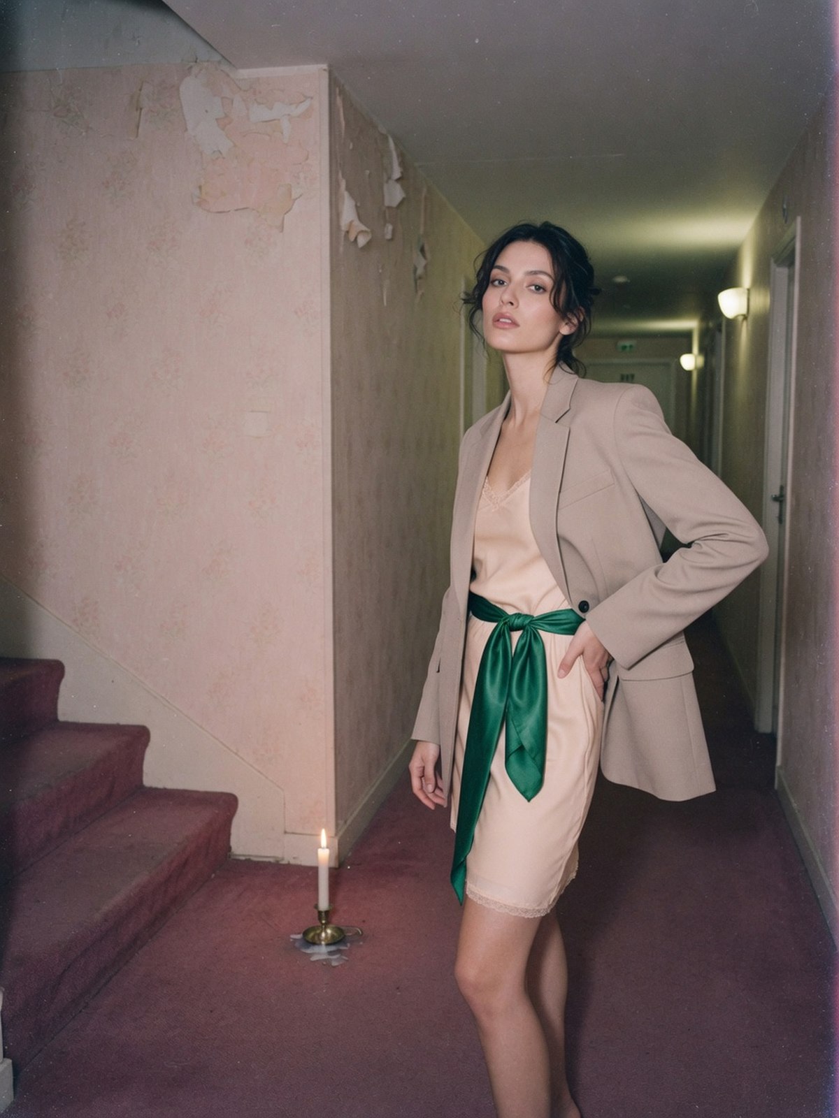 Mannequin en blazer beige avec un foulard émeraude noué en ceinture à la taille, dans un couloir d'hôtel au crépuscule