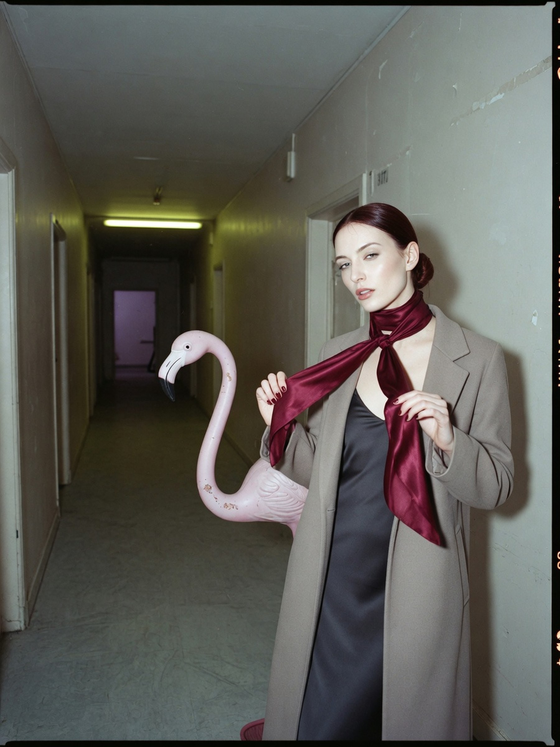 Mannequin de mode portant un foulard émeraude noué en ceinture par-dessus un blazer beige, dans un couloir au crépuscule