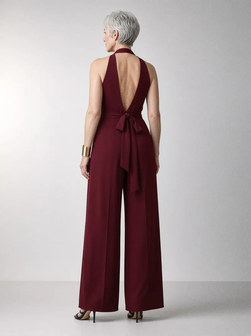 Illustration, mannequin fictif : Femme de dos en combinaison-pantalon bordeaux à jambe large, dos ouvert et ceinture nouée à la taille, escarpins noirs à brides.