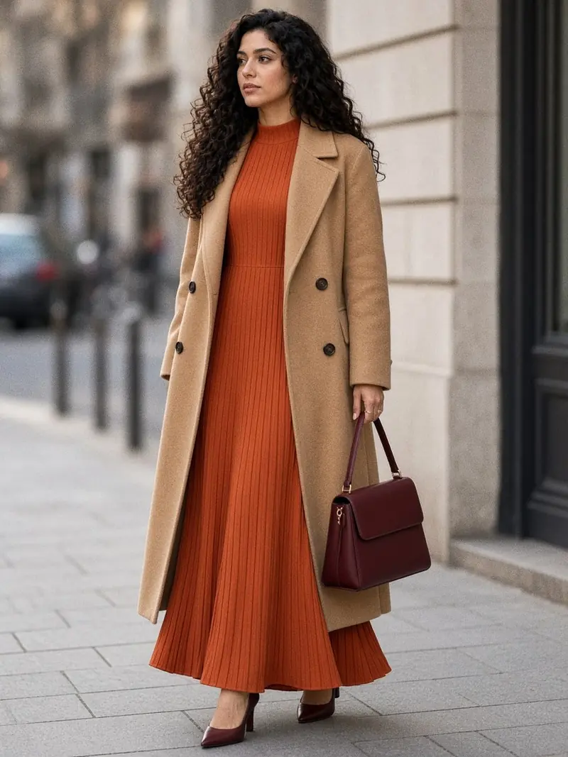 Illustration, mannequin fictif : Femme en robe longue plissée orange rouille à manches longues sous un manteau en laine camel ouvert, escarpins marron et sac à main structuré.