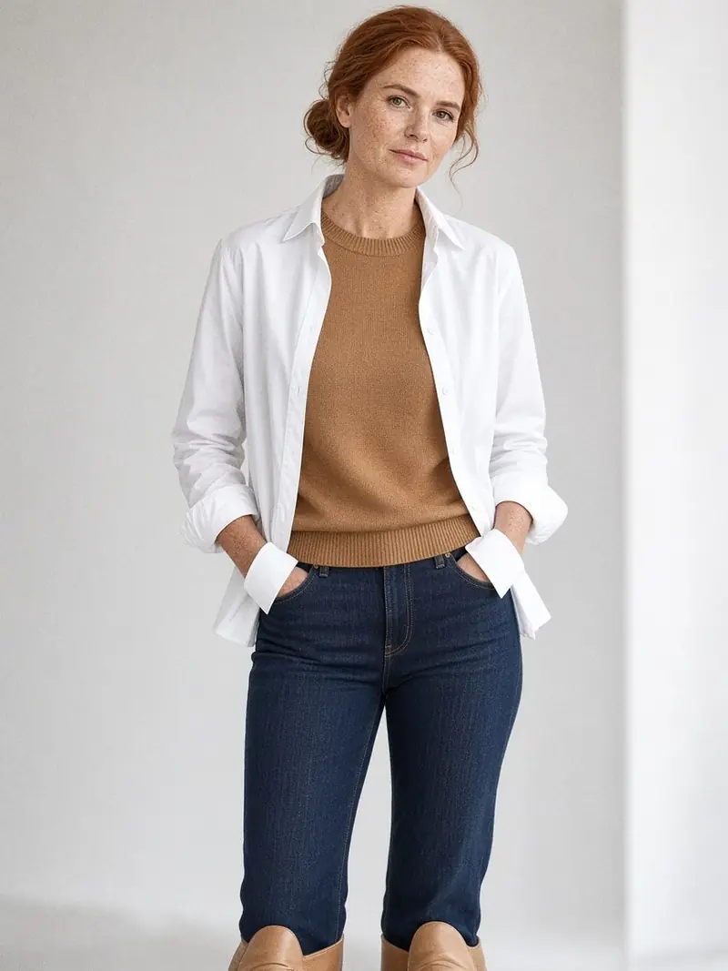 Illustration, mannequin fictif : Femme en pull ras du cou camel fin porté sur une chemise blanche, col ouvert sur l'encolure, poignets et bas de chemise visibles, jean droit foncé et mocassins.