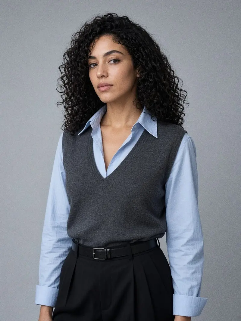 Illustration, mannequin fictif : Détail buste d'une femme en pull col V gris anthracite fin sur une chemise bleu pâle au col ouvert, pantalon noir taille haute.