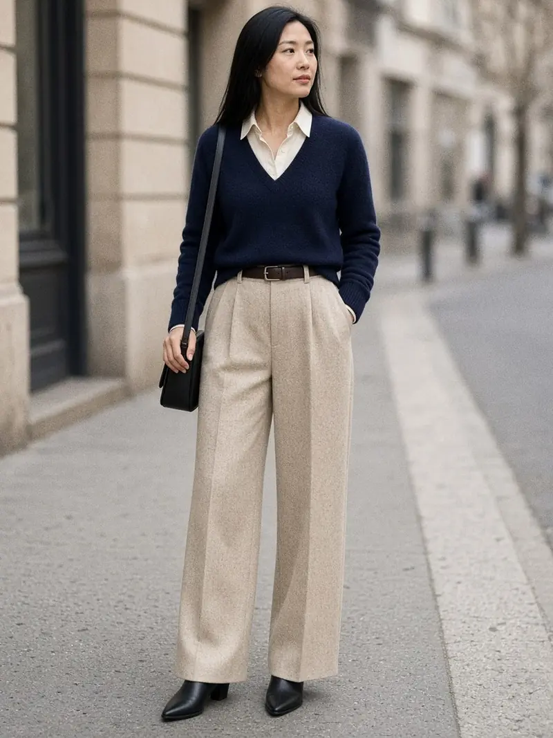 Illustration, mannequin fictif : Femme en pull marine fin sur chemise écrue, rentrés dans un pantalon large beige à taille haute ceinturée, bottines noires pointues et petit sac en cuir.