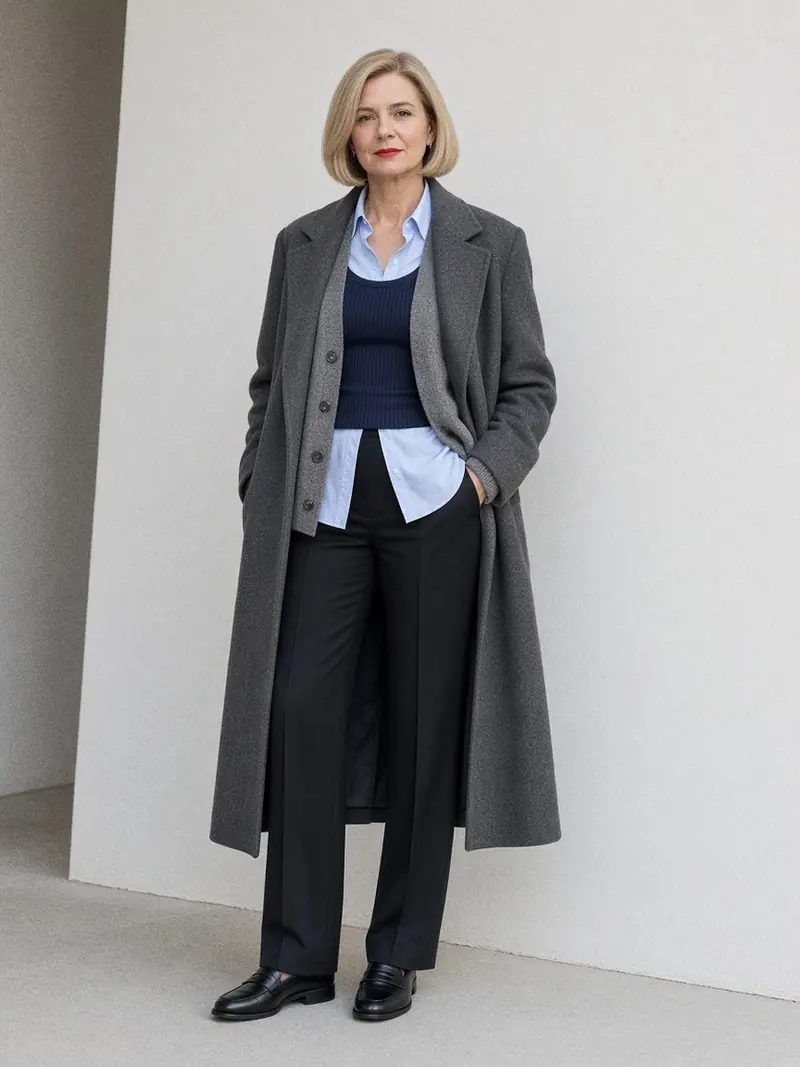 Illustration, mannequin fictif : Femme debout portant un débardeur côtelé bleu marine, une chemise bleu pâle plus longue, un cardigan gris ouvert et un manteau de laine anthracite, avec un pantalon noir droit et des mocassins