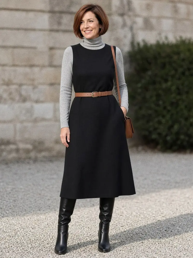 Illustration, mannequin fictif : Femme en robe midi noire sans manches portée sur un col roulé fin gris, ceinture camel à la taille et bottes noires hautes