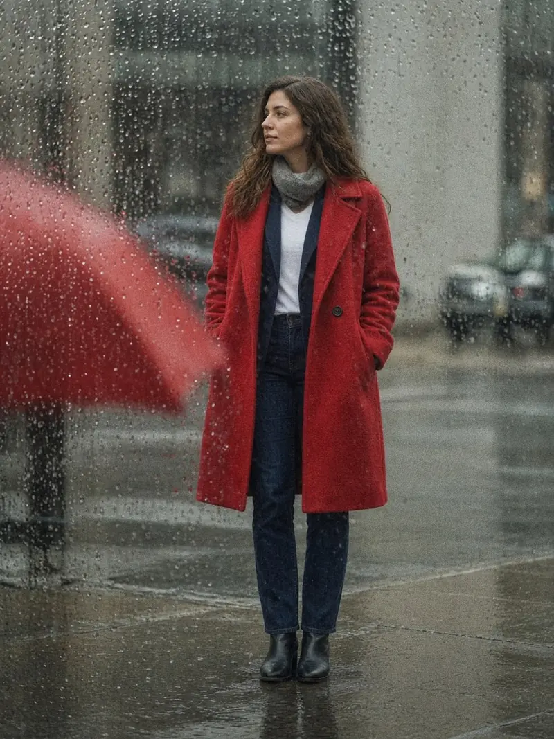 Illustration, mannequin fictif : Femme dans la rue en manteau de laine rouge fermé sur un blazer bleu marine, tee-shirt blanc, jean droit foncé et bottines noires