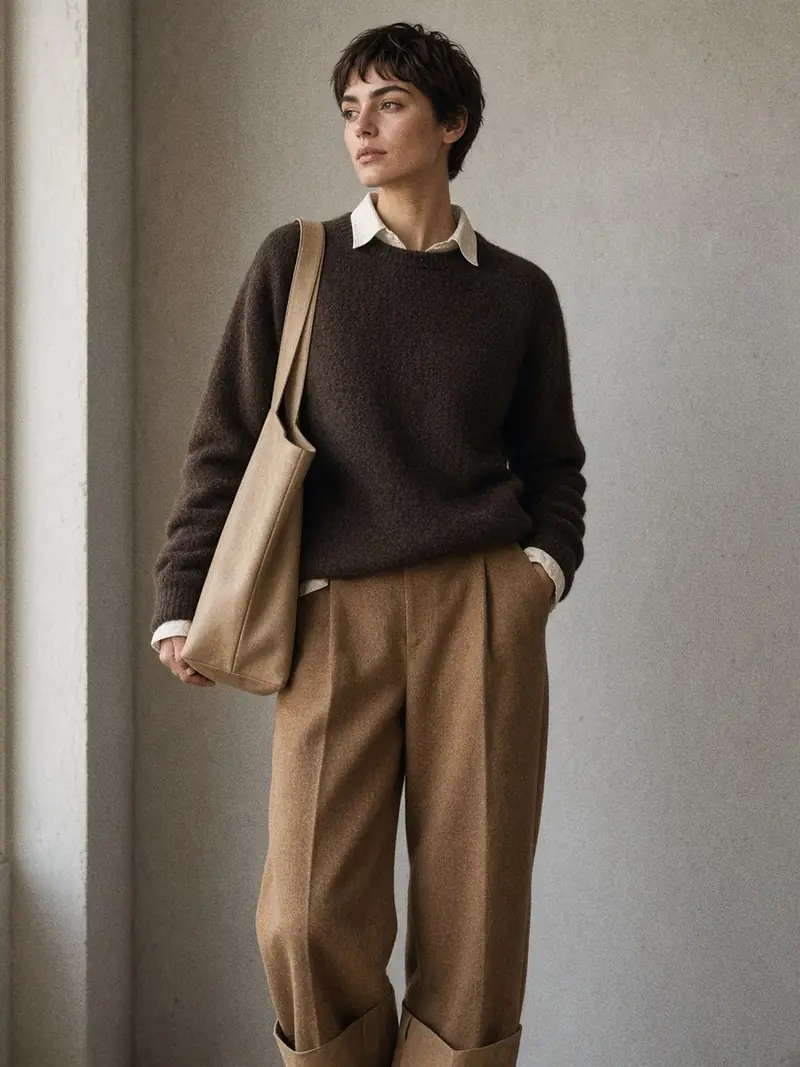 Illustration, mannequin fictif : Femme en pull de laine chocolat porté sur une chemise écru, pantalon large camel et bottines beiges, sac beige à la main