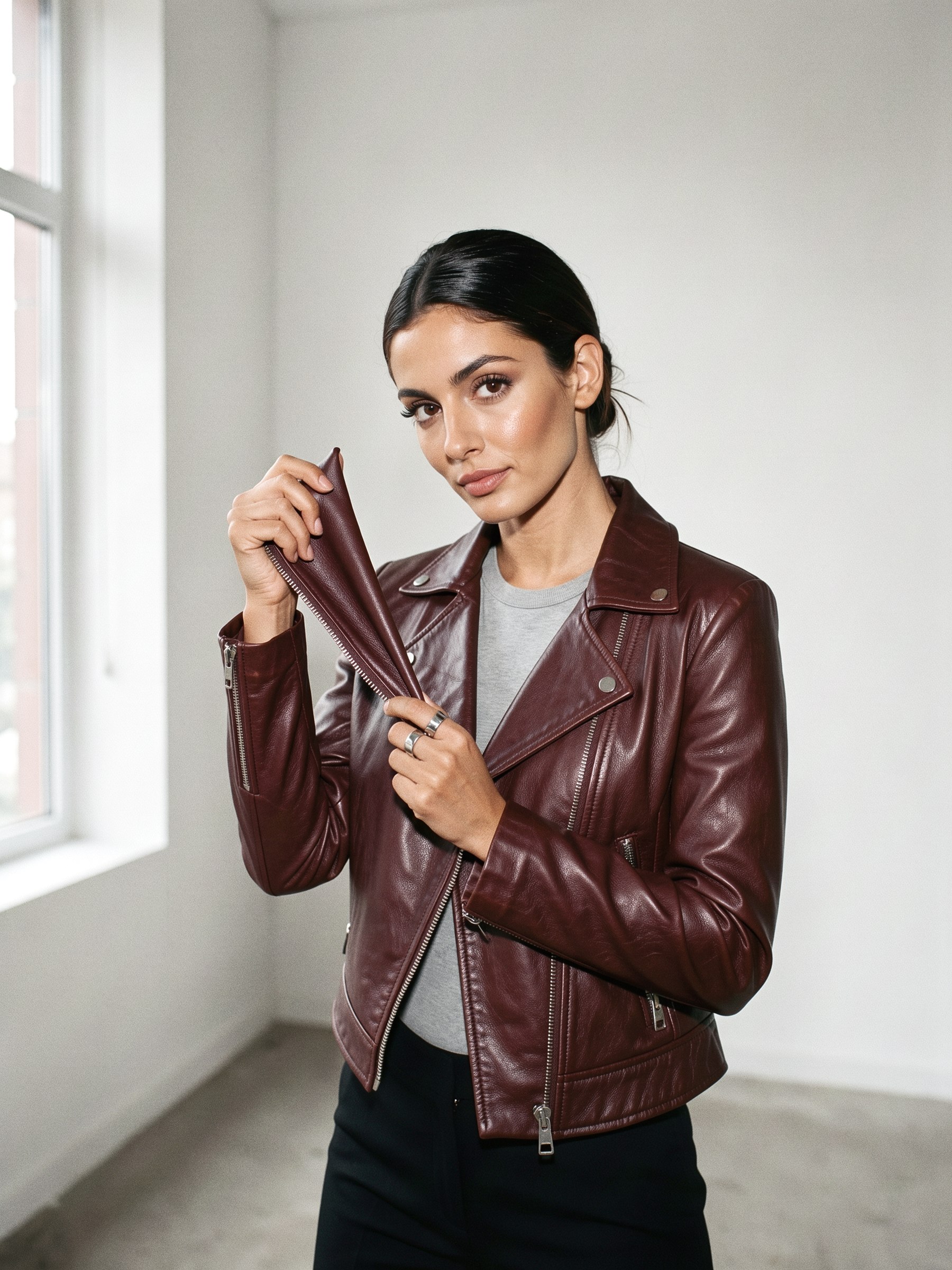 Mannequin pinçant entre ses doigts le pli d'un vêtement en cuir souple couleur cognac pour en tester la résistance