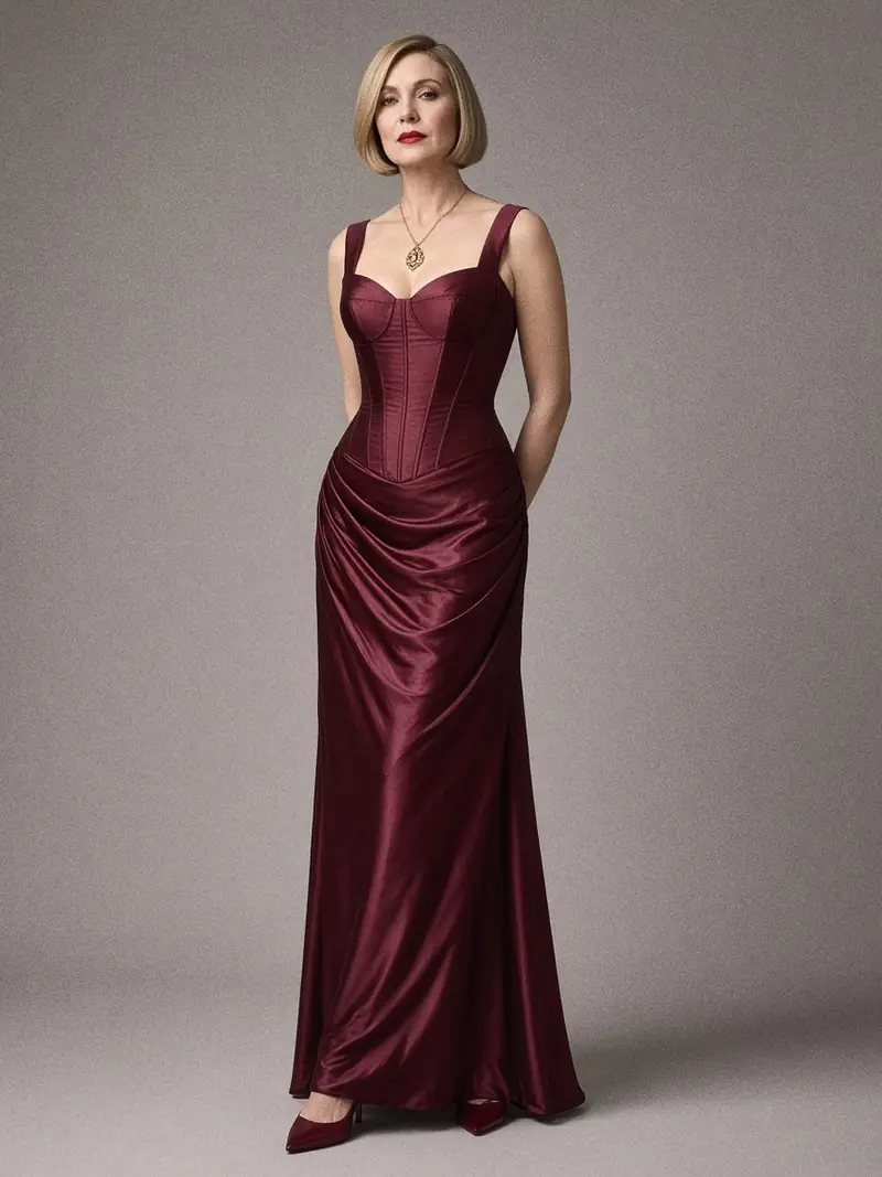 Illustration, mannequin fictif : Femme en robe longue bordeaux en taffetas de soie à corset structuré et décolleté cœur, avec un pendentif doré, debout de face.