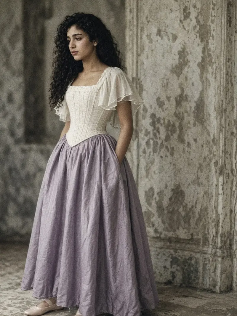 Illustration, mannequin fictif : Femme en corsage corseté ivoire avec une petite cape sur les épaules et une jupe mi-longue lavande en soie.