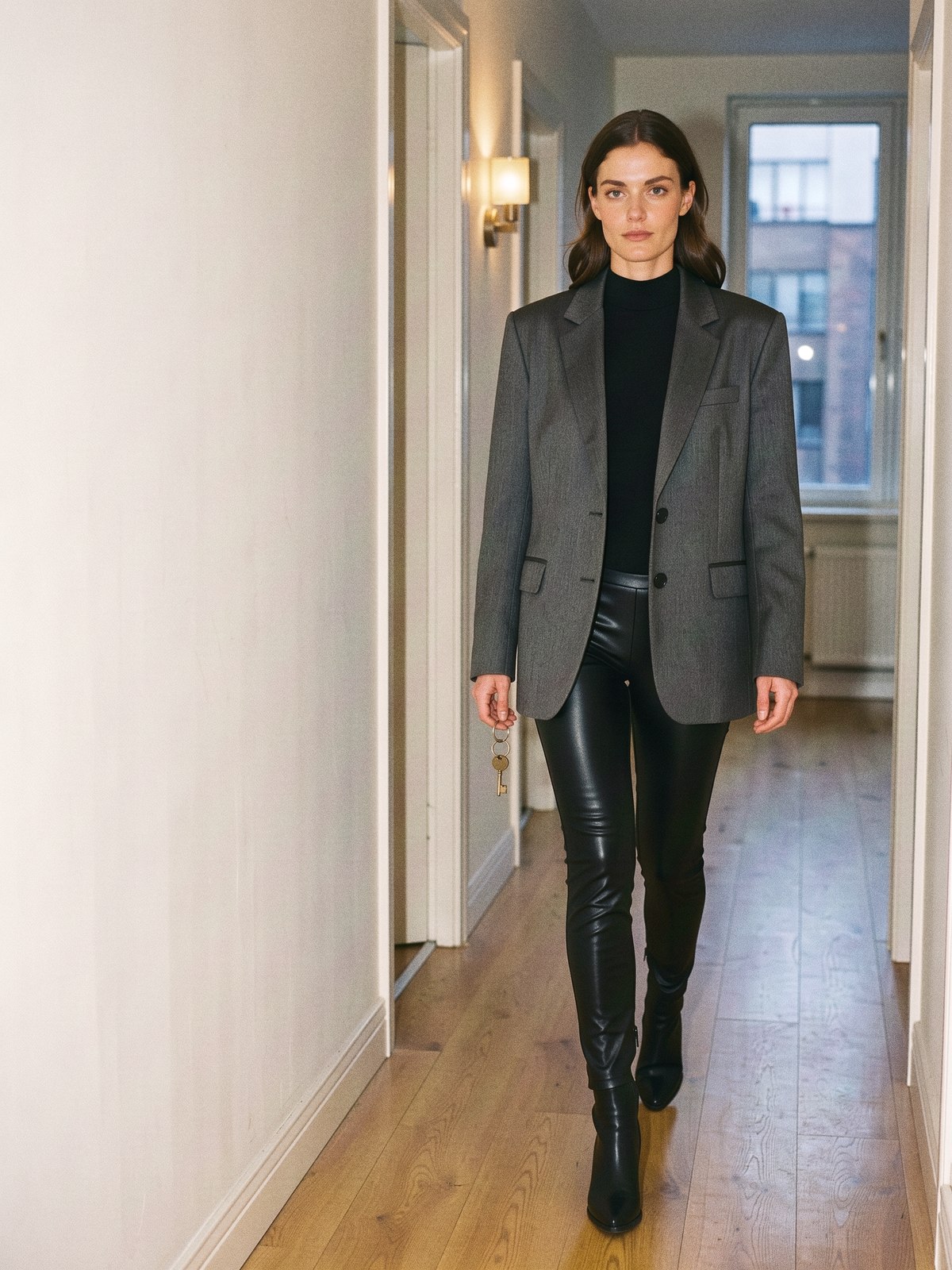 Mannequin en bodysuit noir et legging simili-cuir sous un blazer oversize, sans accessoires de déguisement