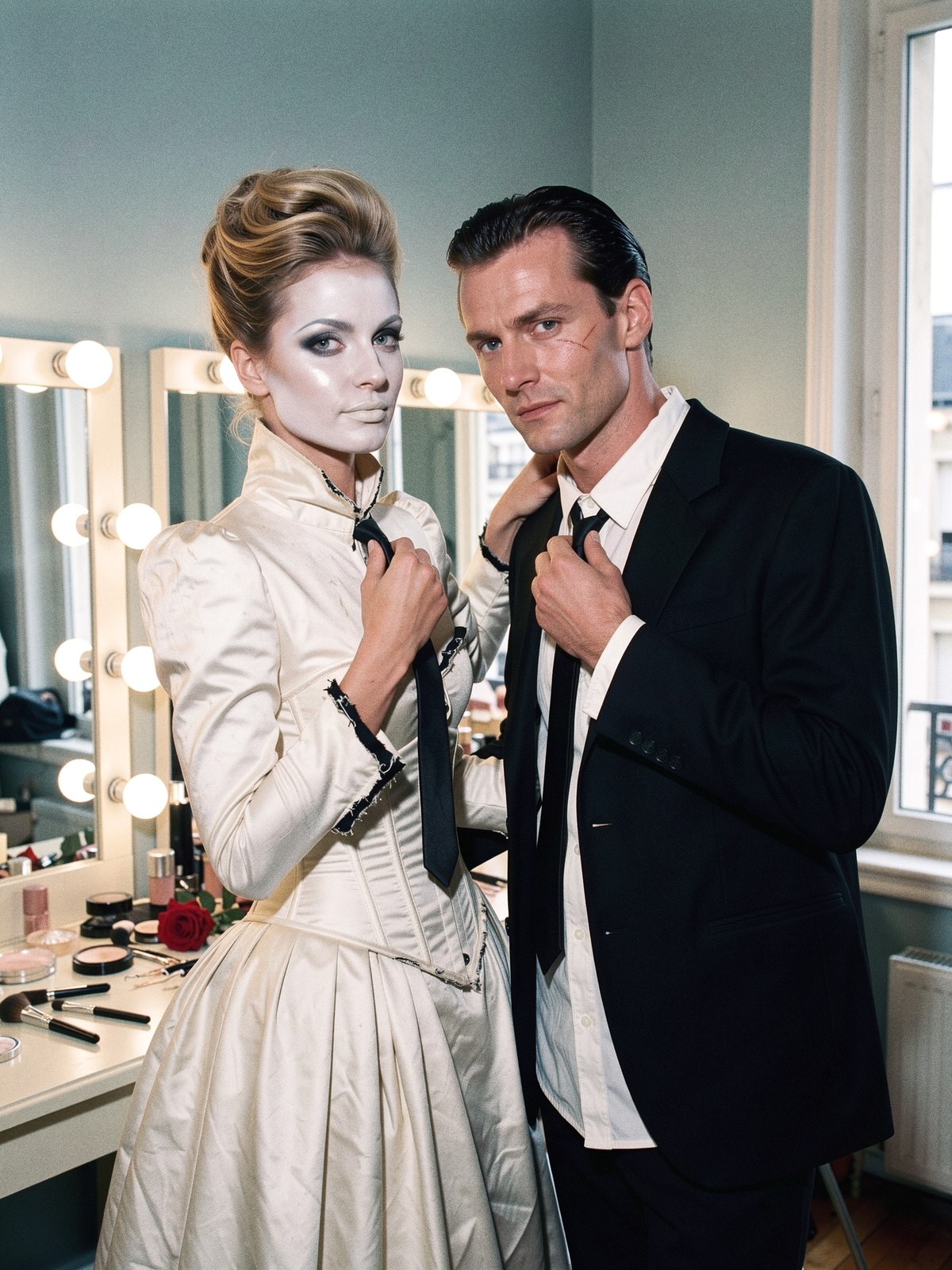 Couple ajustant son look Halloween inspiré de Frankenstein et sa Fiancée devant un miroir de loge