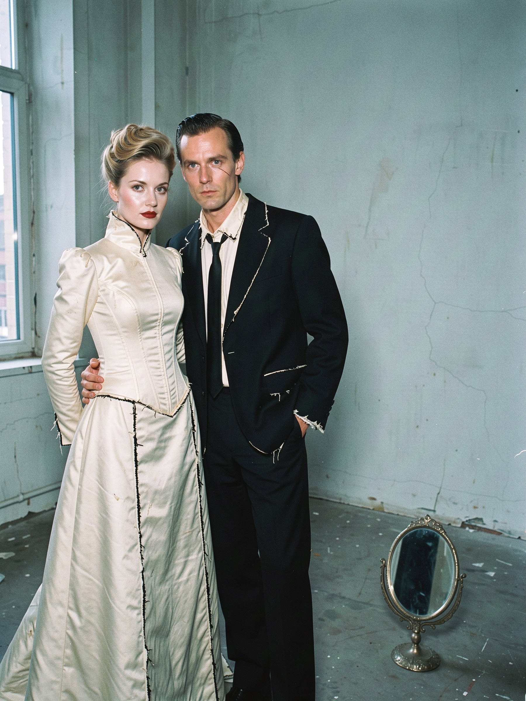 Couple en look Halloween inspiré de Frankenstein et sa Fiancée, veste noire oversize et robe ivoire structurée, maquillage pâle