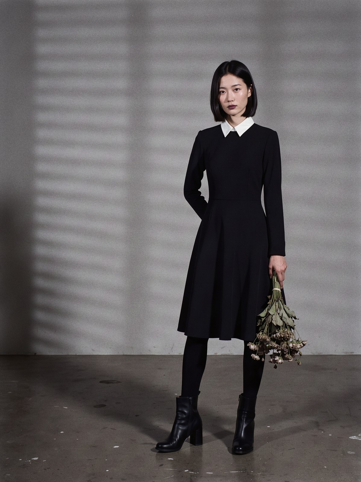 Mannequin en robe noire sobre à col de chemise blanc, collants opaques et bottines noires dans un studio gris
