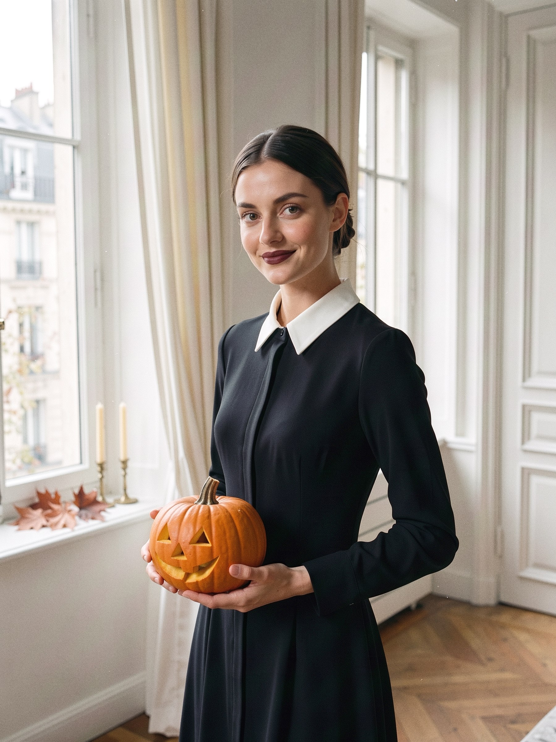 Mannequin en blouse blanche à manches bouffantes et jupe rouge dans un couloir sombre, un drap blanc plié à ses pieds