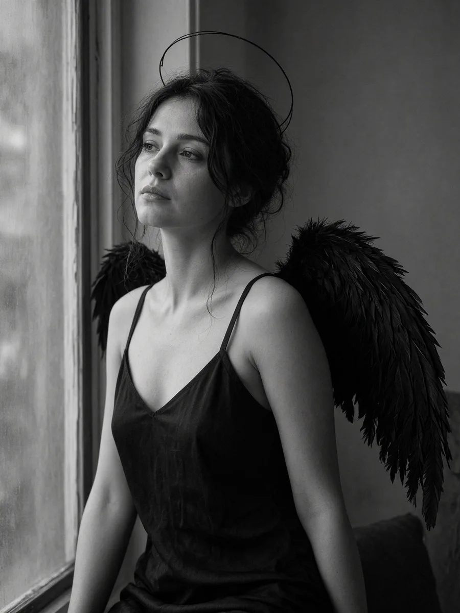 Déguisement ange noir fait maison, nuisette noire, ailes en plumes et auréole en fil de fer