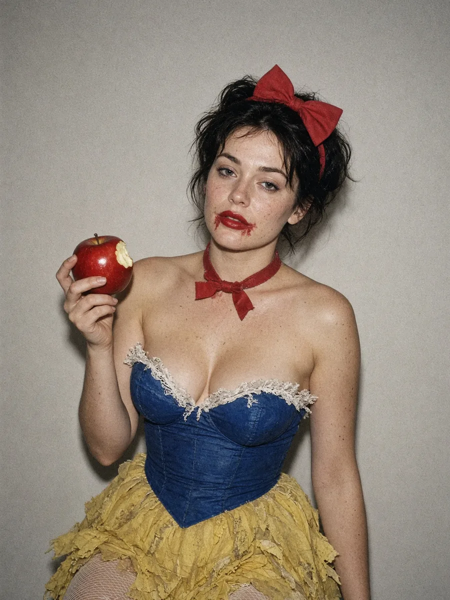 Blanche-Neige sexy en bustier Déguisement Blanche-Neige sexy fait maison, bustier bleu, nœud rouge et pomme rouge à la main
