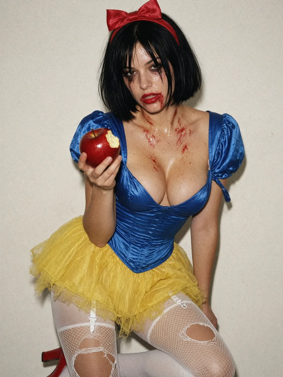 Blanche-Neige trash faite maison Déguisement Halloween sexy Blanche-Neige trash : corset bleu, tutu jaune, résille filée et pomme croquée