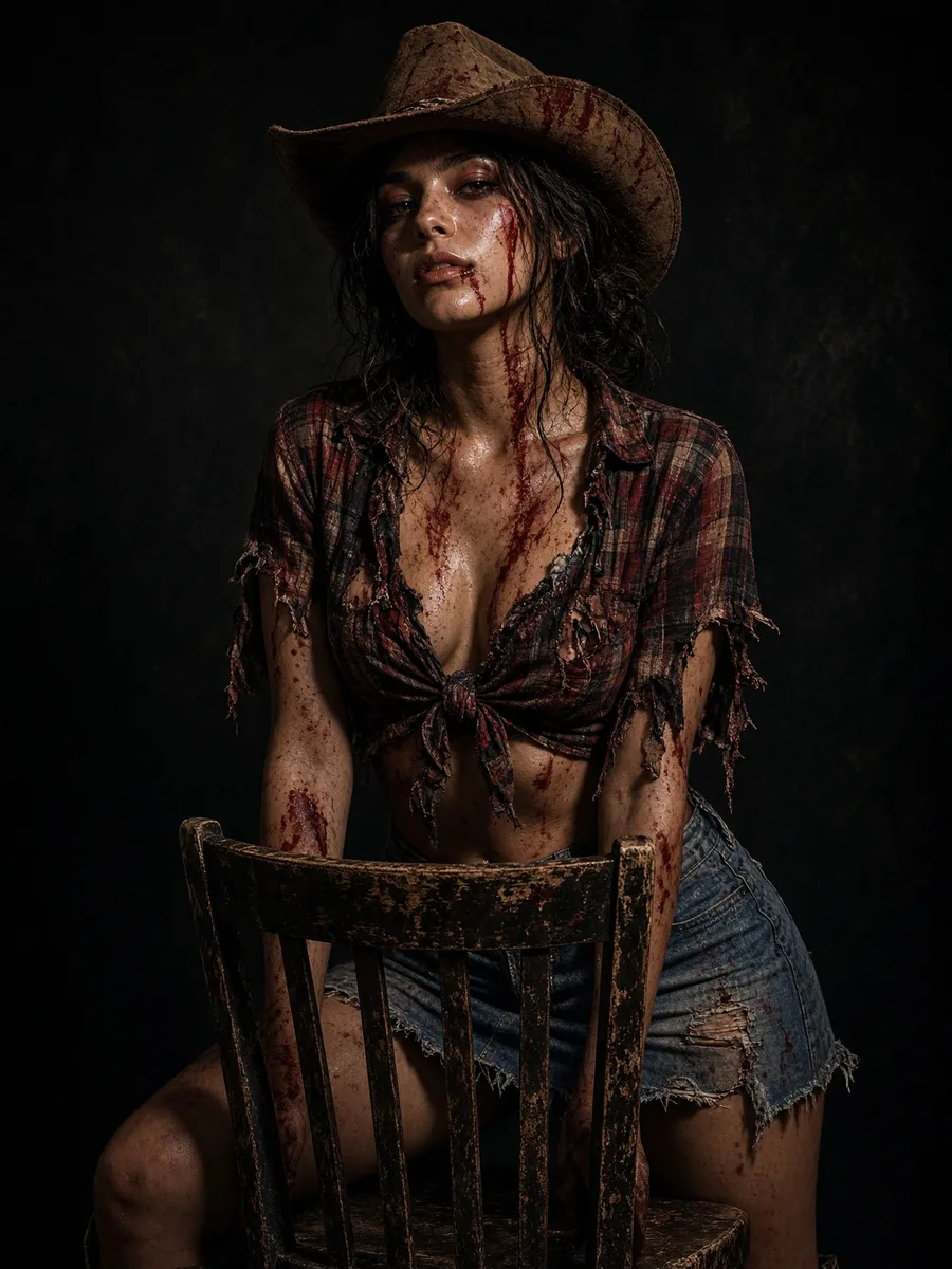 Déguisement cowgirl zombie sexy, chemise à carreaux déchirée, short en jean, chapeau et faux sang