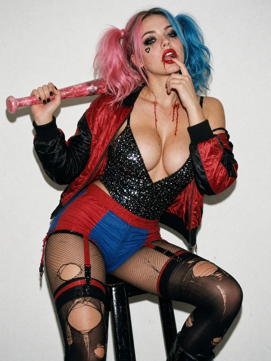 Déguisement Harley sexy fait maison, short rouge et bleu, haut à sequins, porte-jarretelles et batte
