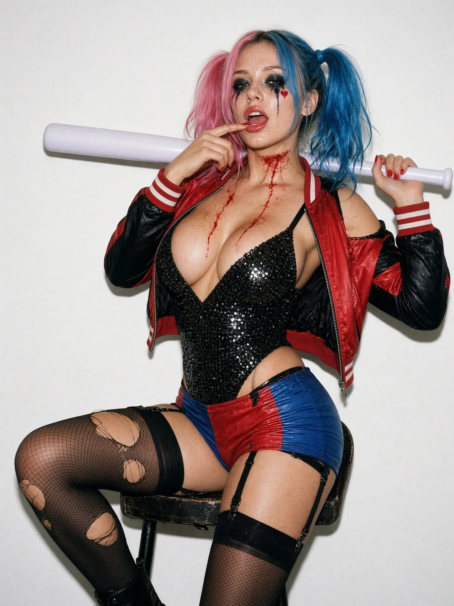 Harley trash Déguisement Harley trash, couettes rose et bleue, veste rouge et noire, résille filée et batte