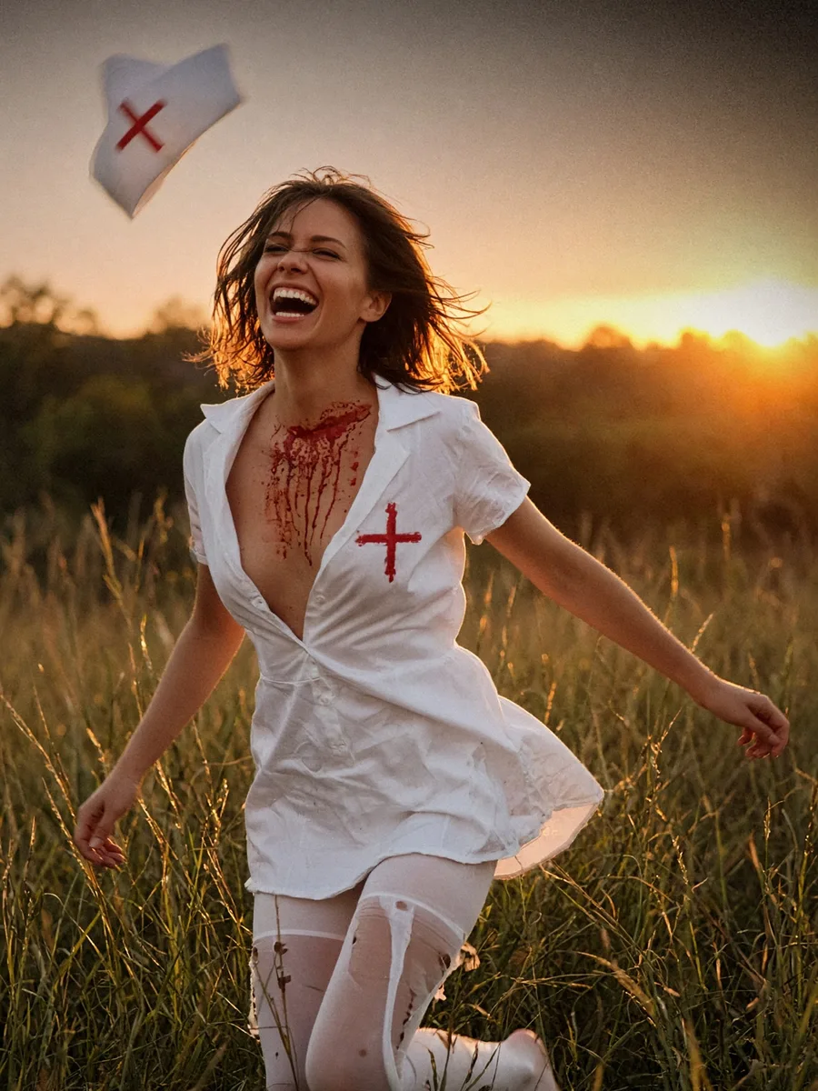 Déguisement infirmière sexy fait maison, robe blanche à croix rouge, faux sang et collant filé, en pleine course au coucher du soleil