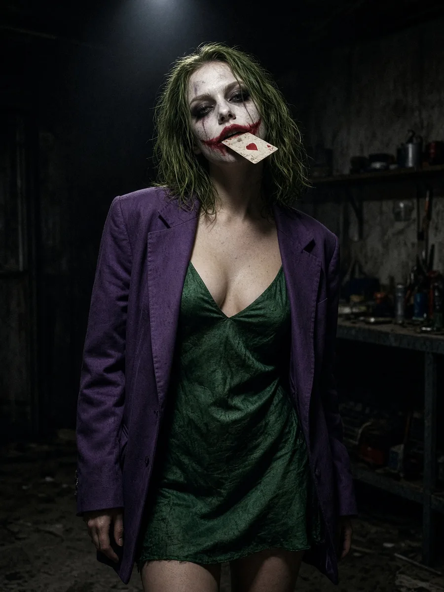 Joker girl Déguisement Joker girl sexy, blazer violet, robe verte, maquillage blanc et carte à jouer entre les lèvres