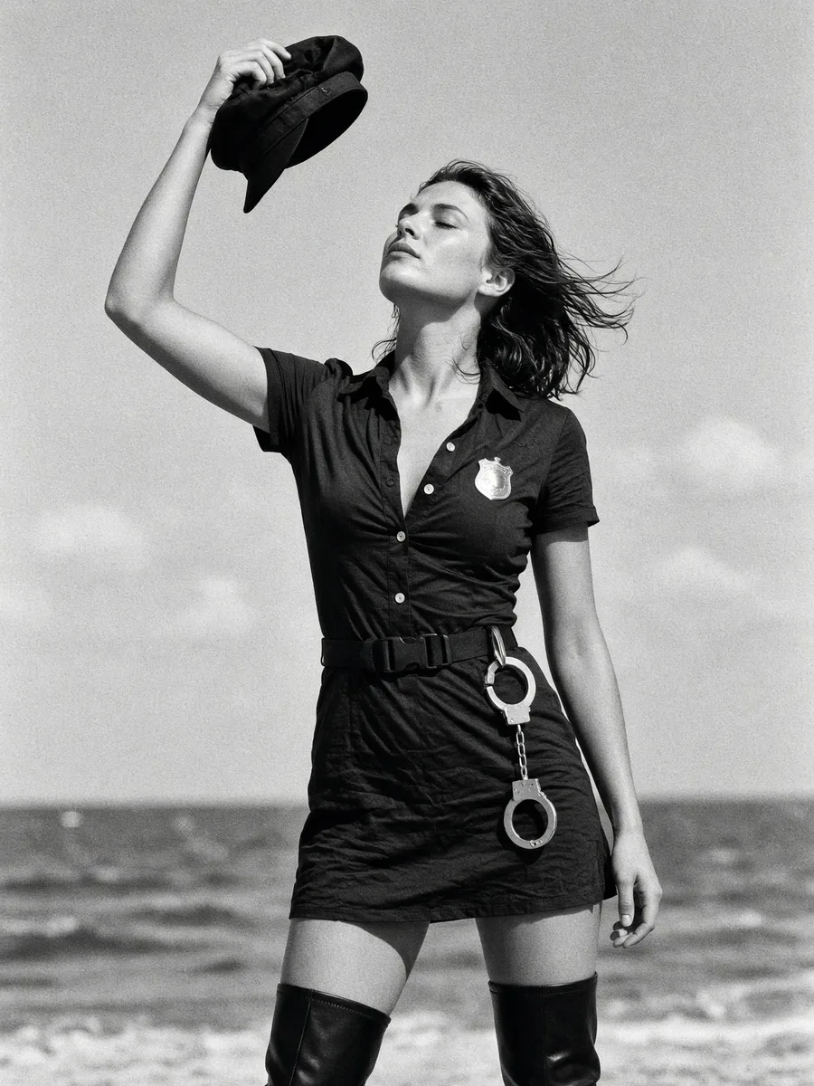 Policière sexy sur la plage Déguisement policière sexy, robe chemise noire, badge, menottes à la ceinture et cuissardes, sur une plage