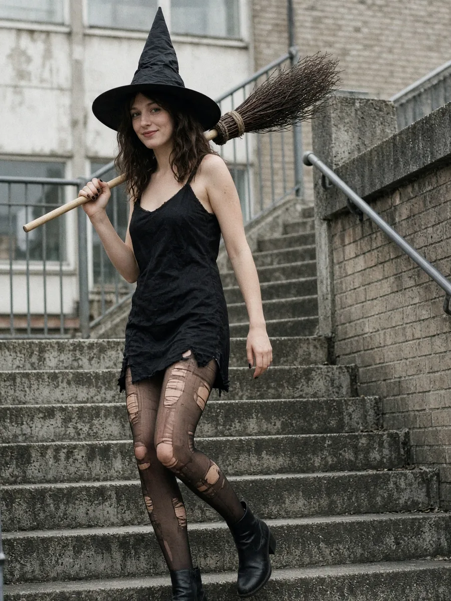 Déguisement sorcière sexy fait maison, robe noire courte, chapeau pointu, collant déchiré et balai